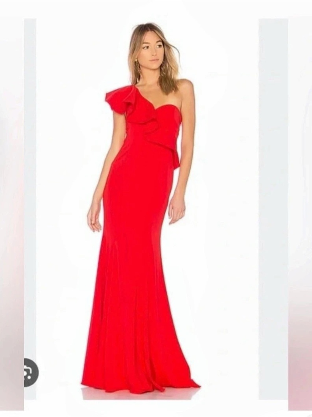 Jay Godfrey Red Ruffle One-Shoulder Floor Length Maxi Gown Dress Size 8